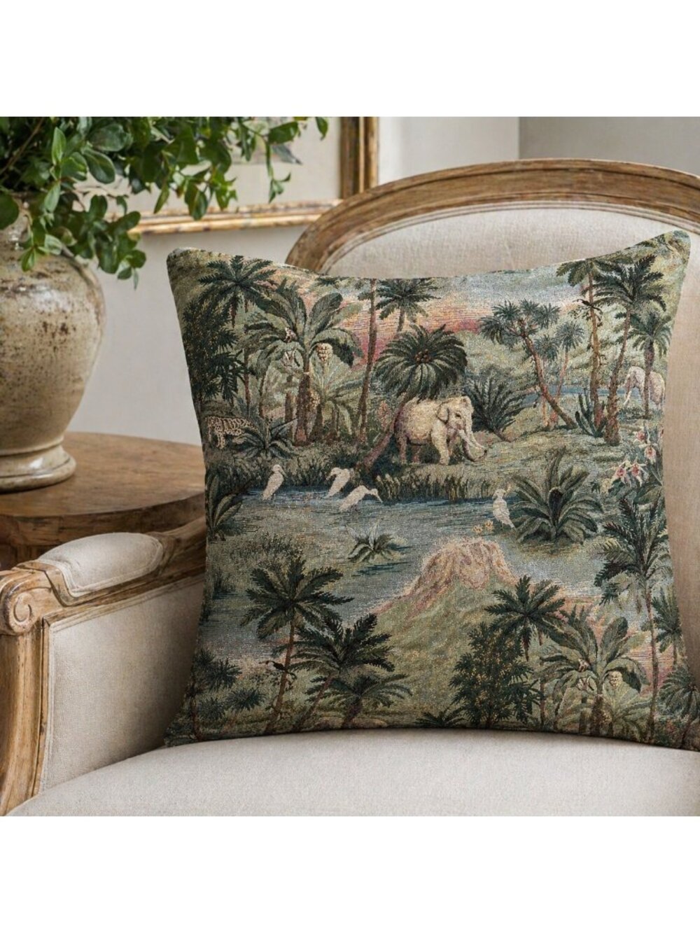 Vintage Jungle Tapestry Fabric Elephants Palm Scenic Upholstery 29x36